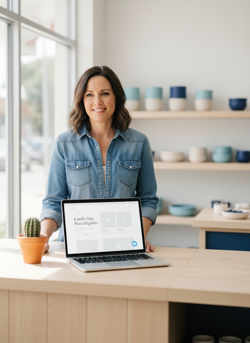 Small business owner working with a laptop open to her website chat — AI chatbot for website