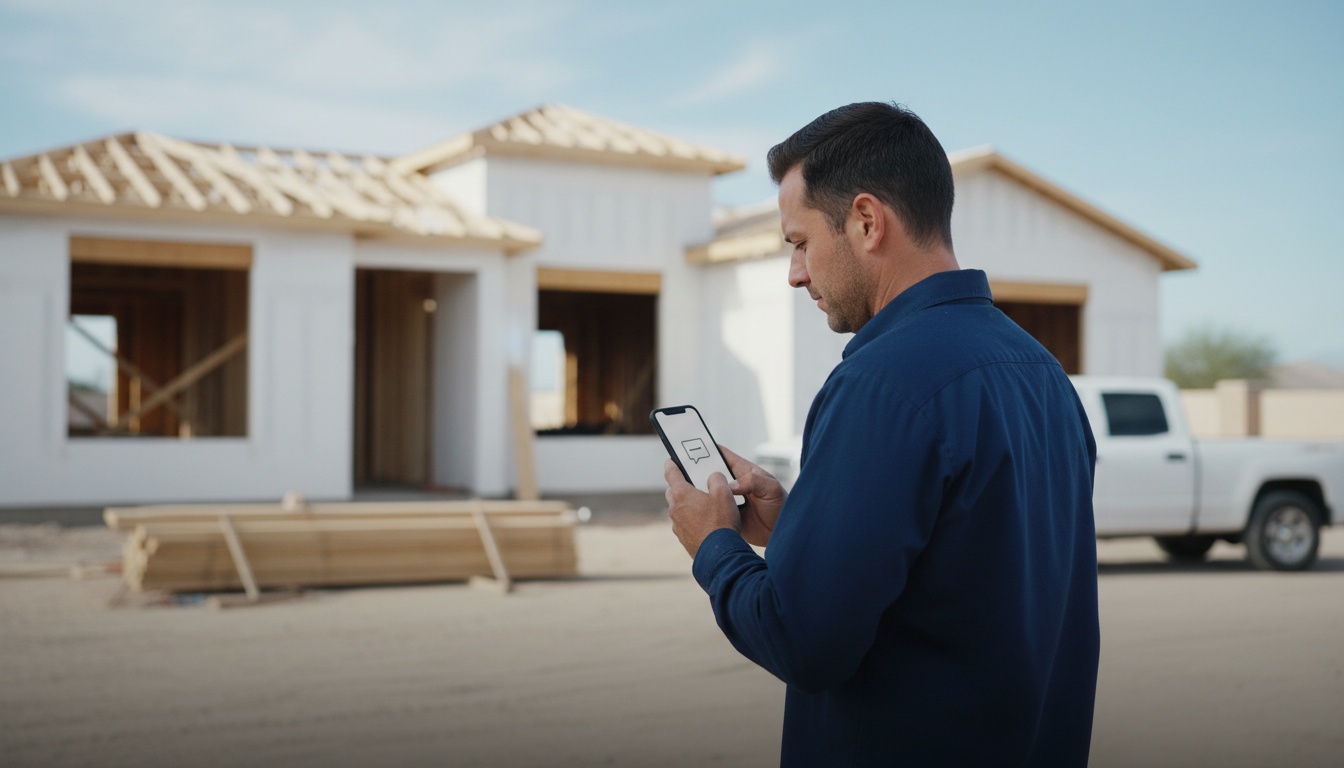 Home services owner working on site while his phone shows a new website lead — chatbot for lead capture