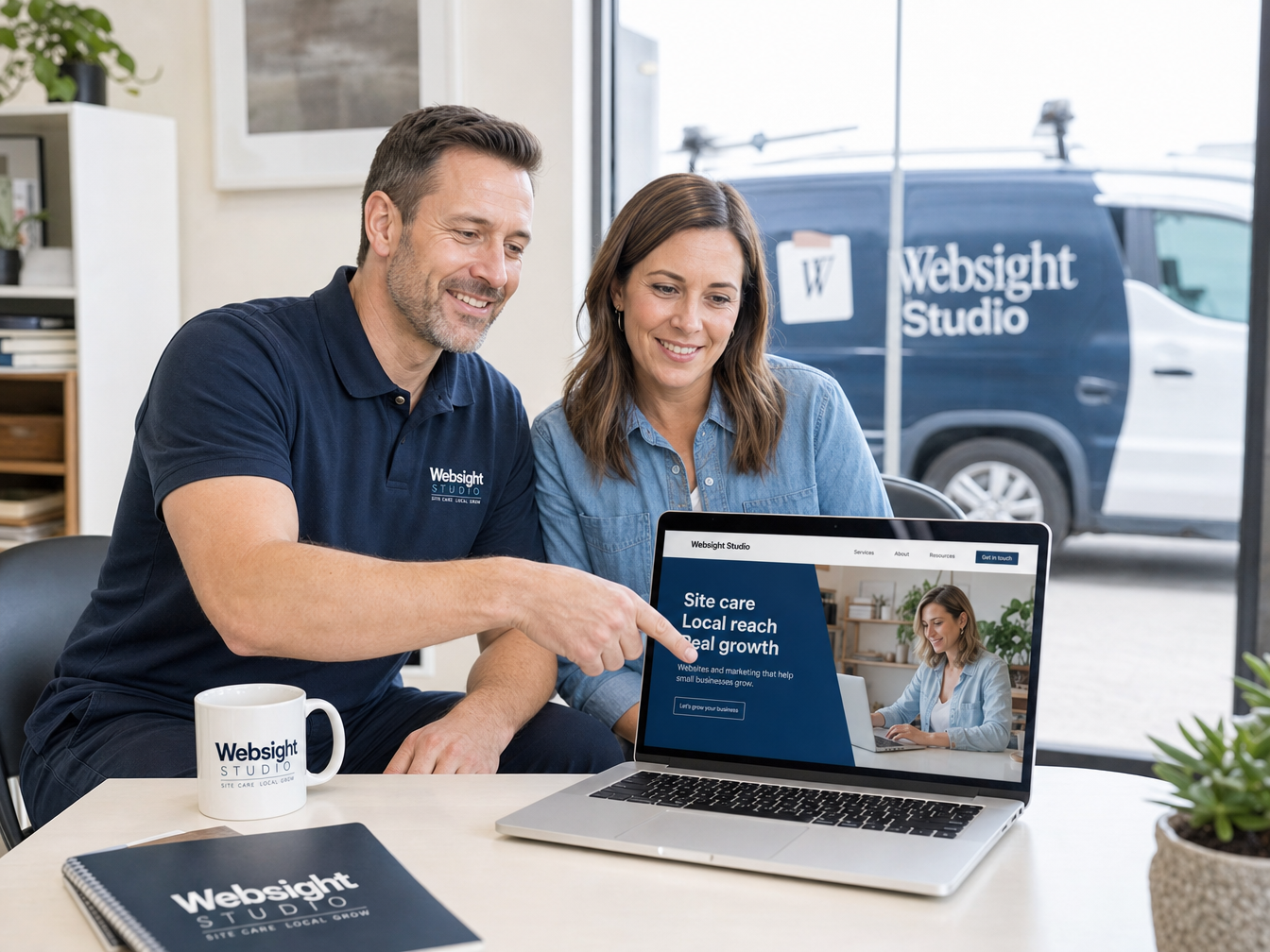 Studio specialist showing a small business owner her new website on screen — ai chat for website small business