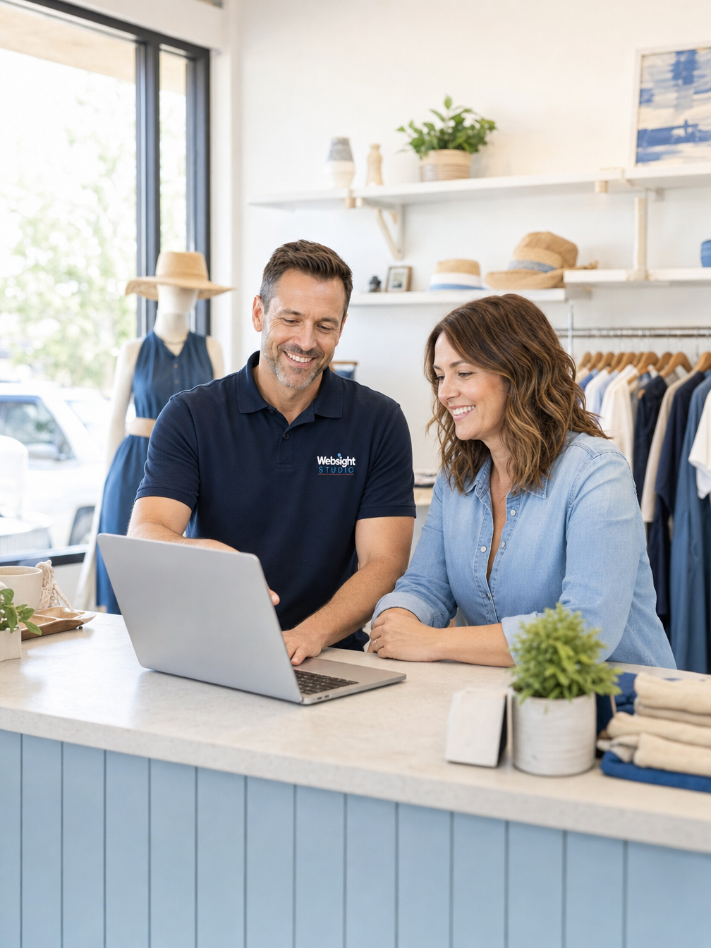 Websight Studio specialist walking a shop owner through her new website on a laptop