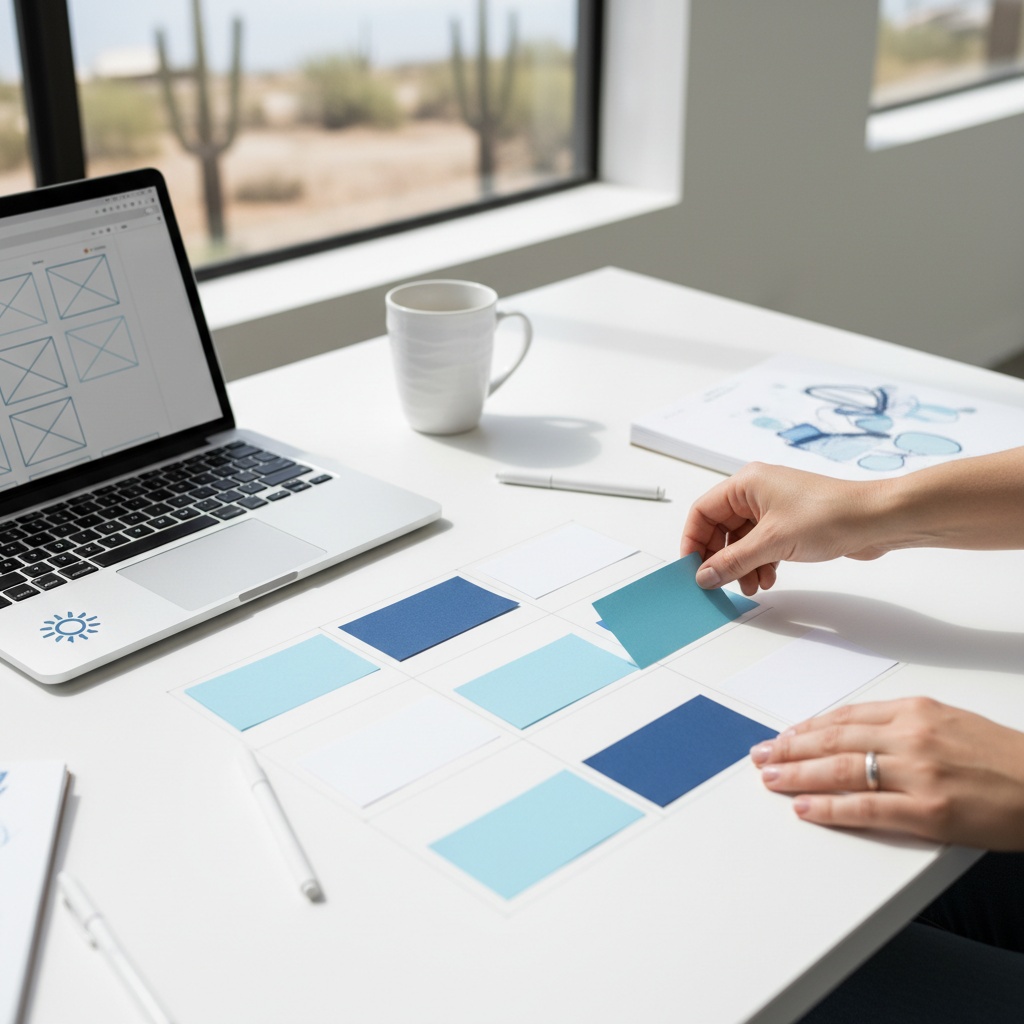 Page plan on paper cards beside a laptop, mapping service and city pages for a small business website