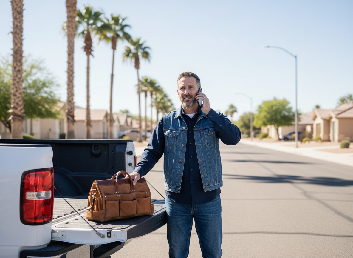 Electrician answering a call next to his work truck — electrician website design Los Angeles